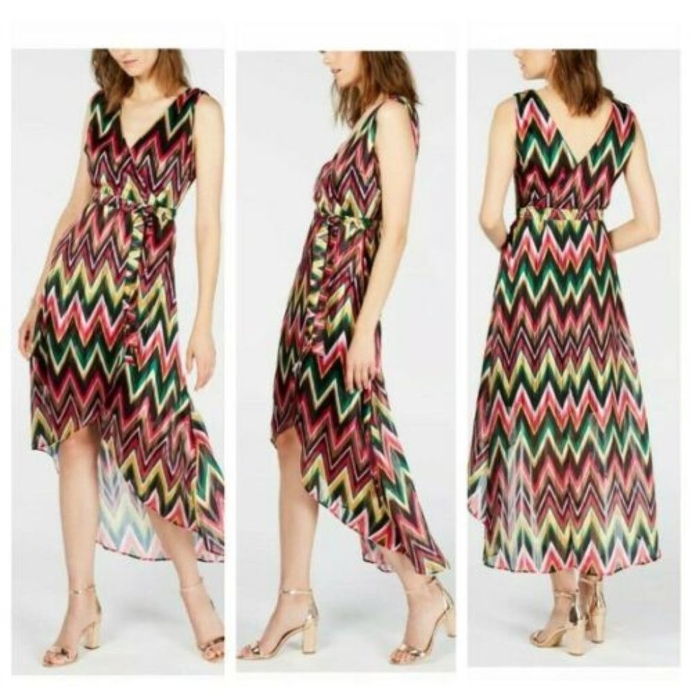New INC International Concepts Pink White Green Chevron Rainbow Maxi Dress Sz 16